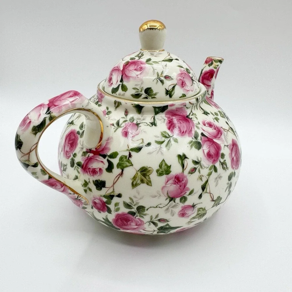 Baum Bros FORMALITIES Tea Pot Victorian Rose Chintz Pink Vtg Ivy Cake Server